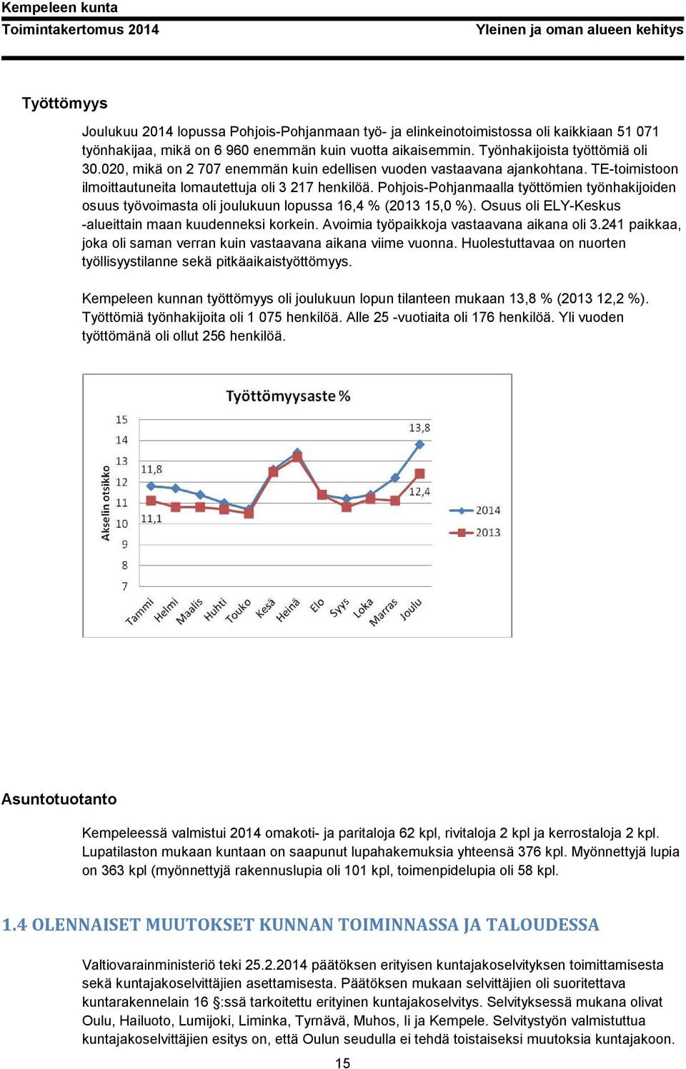 Pohjois-Pohjanmaalla työttömien työnhakijoiden osuus työvoimasta oli joulukuun lopussa 16,4 % (2013 15,0 %). Osuus oli ELY-Keskus -alueittain maan kuudenneksi korkein.