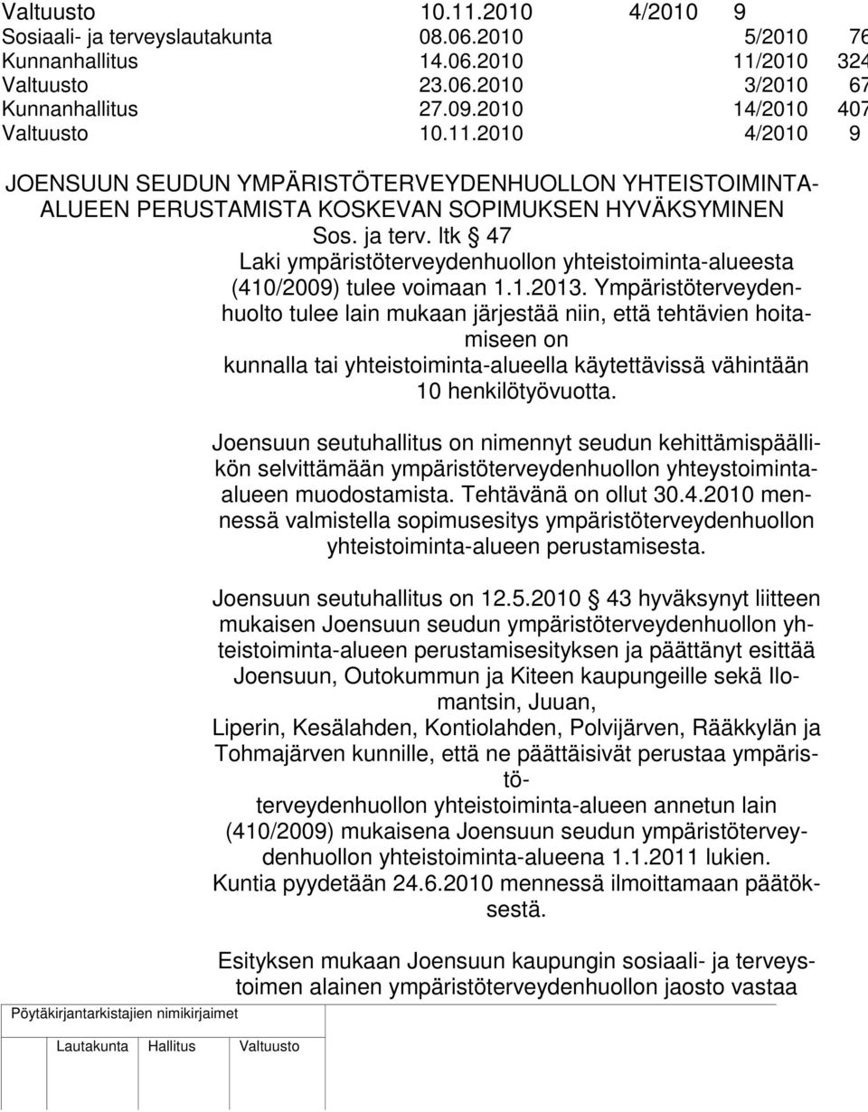 Ympäristöterveydenhuolto tulee lain mukaan järjestää niin, että tehtävien hoitamiseen on kunnalla tai yhteistoiminta-alueella käytettävissä vähintään 10 henkilötyövuotta.