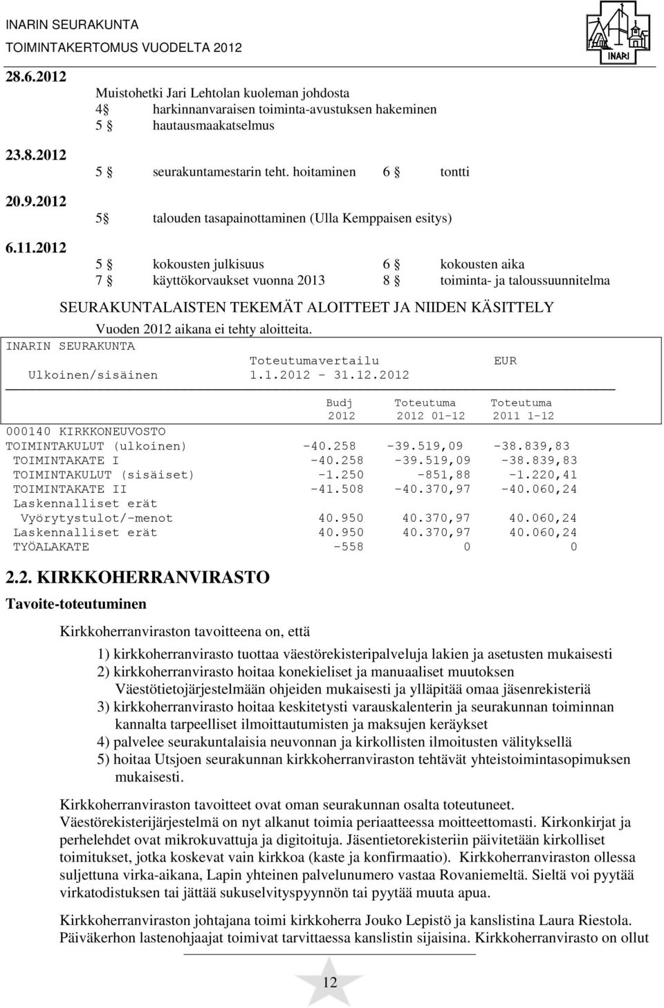 2012 5 kokousten julkisuus 6 kokousten aika 7 käyttökorvaukset vuonna 2013 8 toiminta- ja taloussuunnitelma SAKUNTALAISTEN TEKEMÄT ALOITTEET JA NIIDEN KÄSITTELY Vuoden 2012 aikana ei tehty aloitteita.