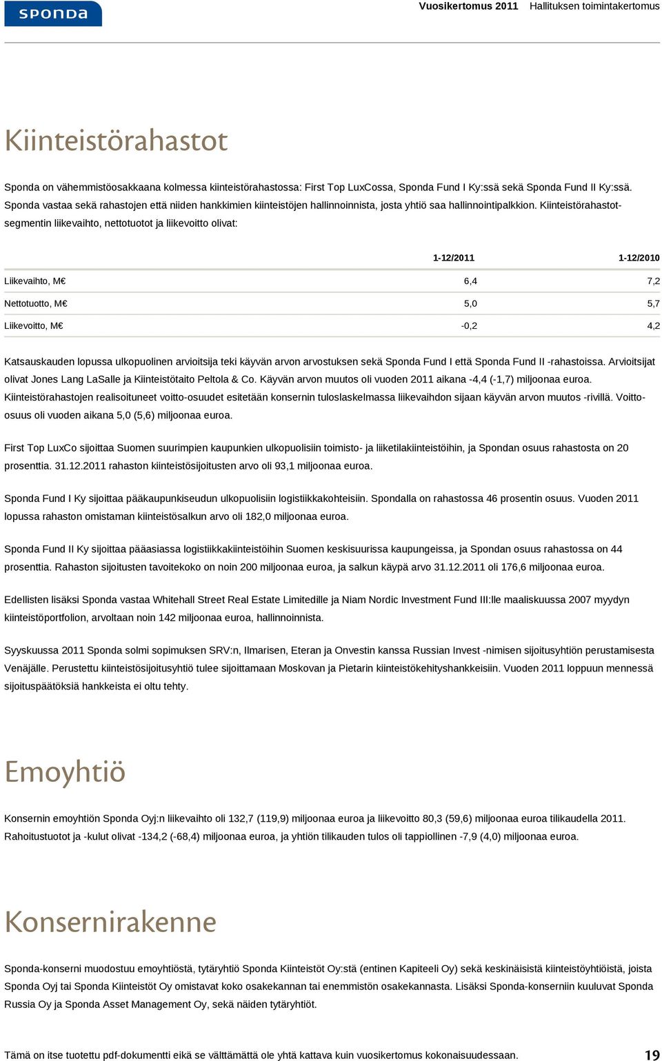 Kiinteistörahastotsegmentin liikevaihto, nettotuotot ja liikevoitto olivat: 1-12/2011 1-12/2010 Liikevaihto, M 6,4 7,2 Nettotuotto, M 5,0 5,7 Liikevoitto, M -0,2 4,2 Katsauskauden lopussa