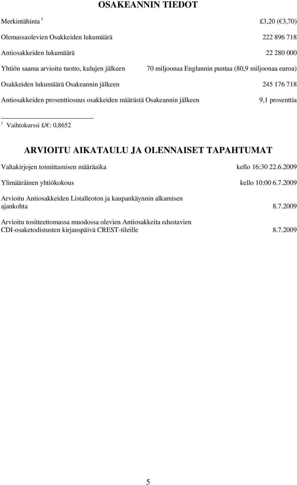 Vaihtokurssi / : 0,8652 ARVIOITU AIKATAULU JA OLENNAISET TAPAHTUMAT Valtakirjojen toimittamisen määräaika kello 16:30 22.6.2009 Ylimääräinen yhtiökokous kello 10:00 6.7.