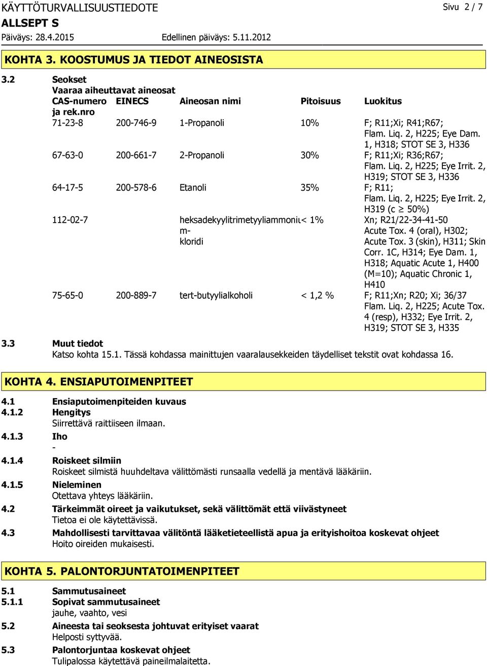 2, H319; STOT SE 3, H336 64-17-5 200-578-6 Etanoli 35% F; R11; Flam. Liq. 2, H225; Eye Irrit. 2, H319 (c 50%) 112-02-7 heksadekyylitrimetyyliammoniu< 1% Xn; R21/22-34-41-50 m- kloridi Acute Tox.