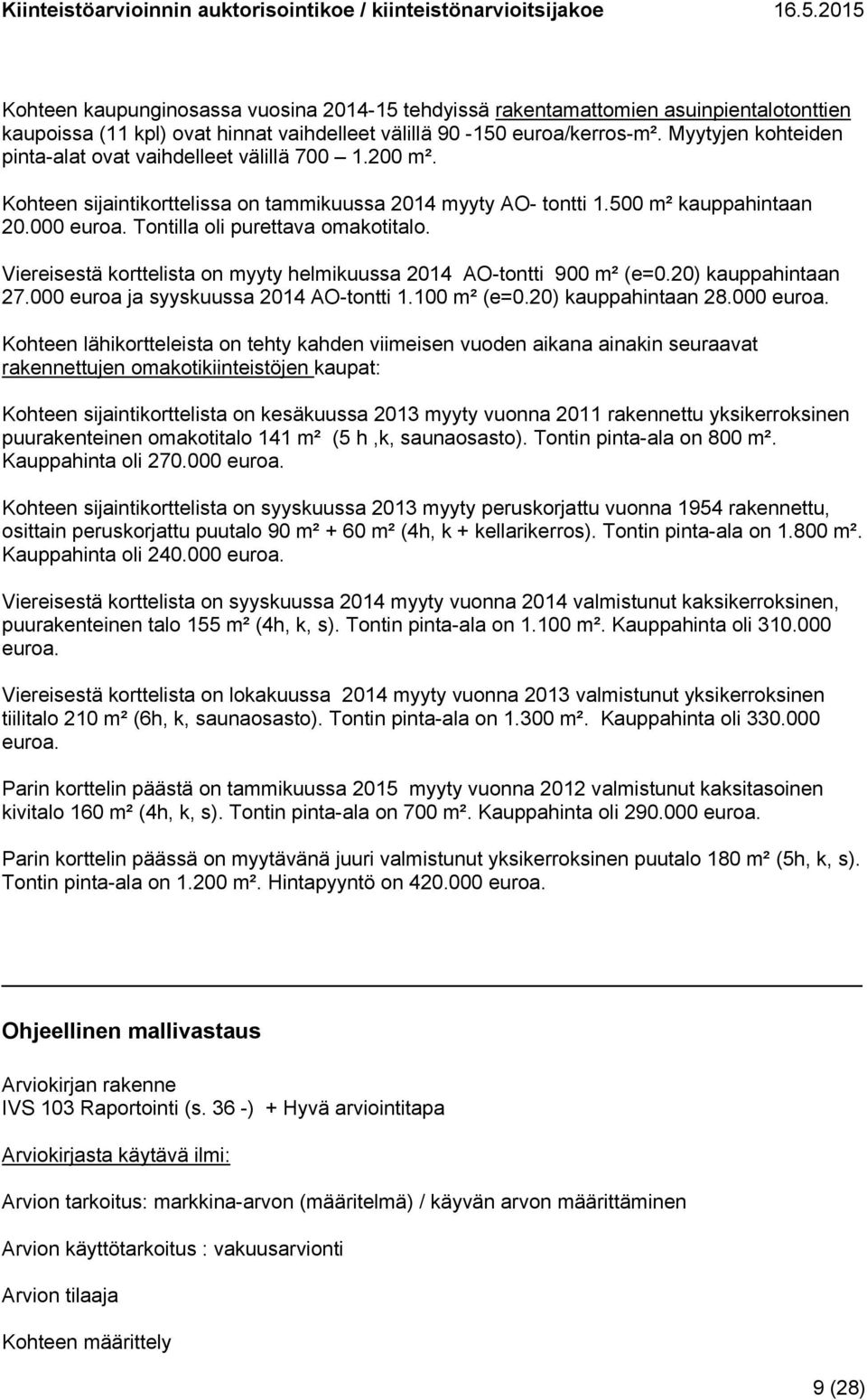 Tontilla oli purettava omakotitalo. Viereisestä korttelista on myyty helmikuussa 2014 AO-tontti 900 m² (e=0.20) kauppahintaan 27.000 euroa ja syyskuussa 2014 AO-tontti 1.100 m² (e=0.