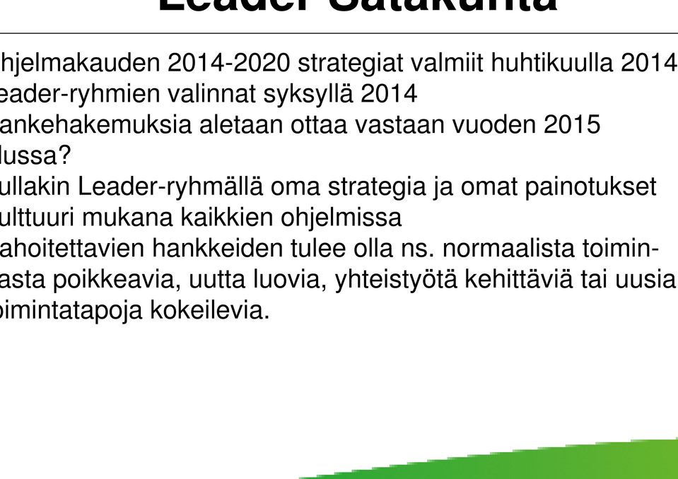 llakin Leader-ryhmällä ryhmällä oma strategia ja omat painotukset lttuuri mukana kaikkien ohjelmissa