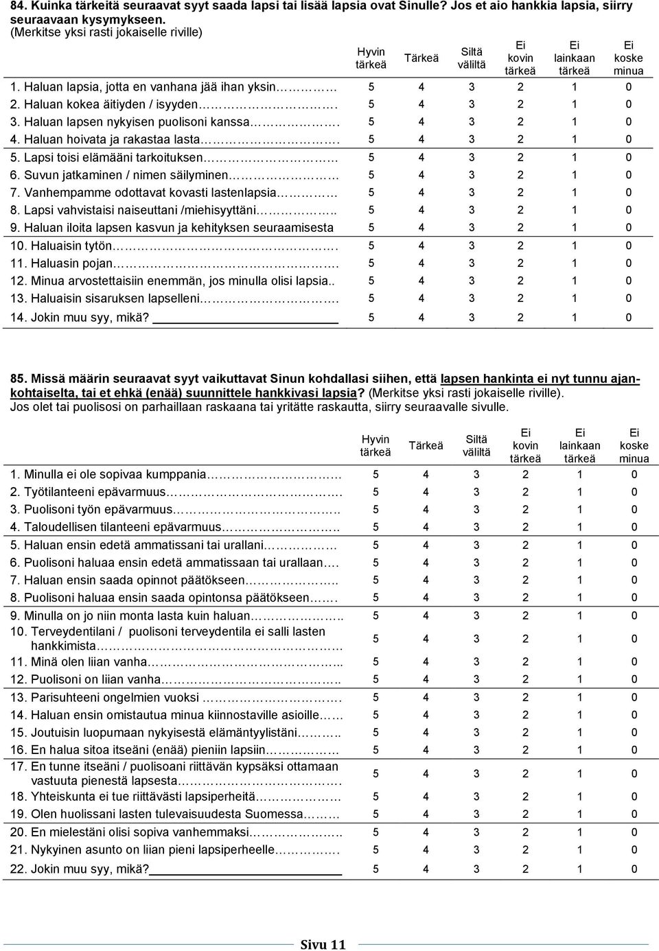 4. Haluan hoivata ja rakastaa lasta. 5. Lapsi toisi elämääni tarkoituksen 6. Suvun jatkaminen / nimen säilyminen 7. Vanhempamme odottavat kovasti lastenlapsia 8.