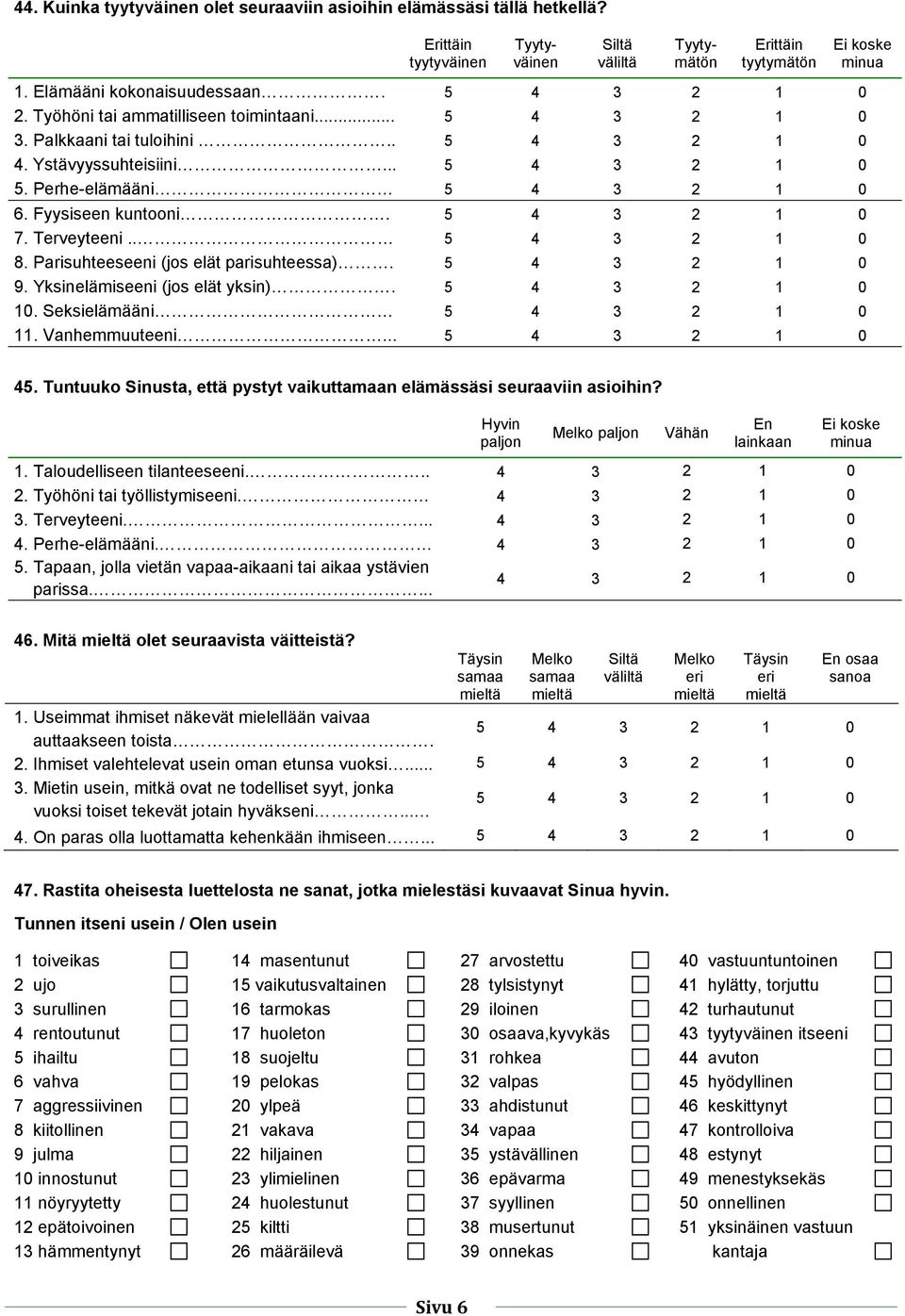 9. Yksinelämiseeni (jos elät yksin). 10. Seksielämääni 11. Vanhemmuuteeni... koske minua 45. Tuntuuko Sinusta, että pystyt vaikuttamaan elämässäsi seuraaviin asioihin?