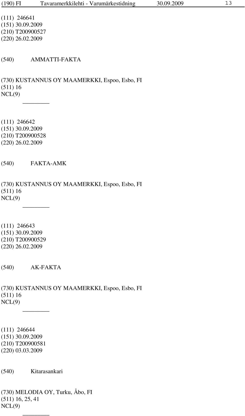 2009 FAKTA-AMK (730) KUSTANNUS OY MAAMERKKI, Espoo, Esbo, FI (511) 16 (111) 246643 (210) T200900529 (220) 26.02.