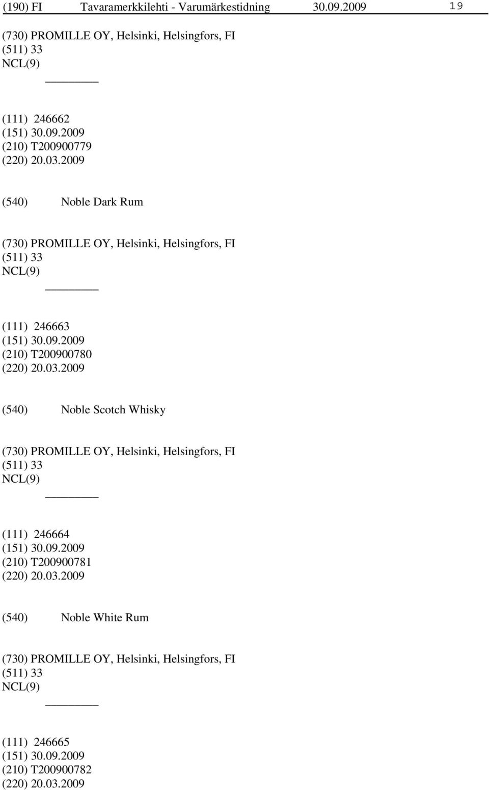 2009 Noble Dark Rum (730) PROMILLE OY, Helsinki, Helsingfors, FI (511) 33 (111) 246663 (210) T200900780 (220) 20.03.