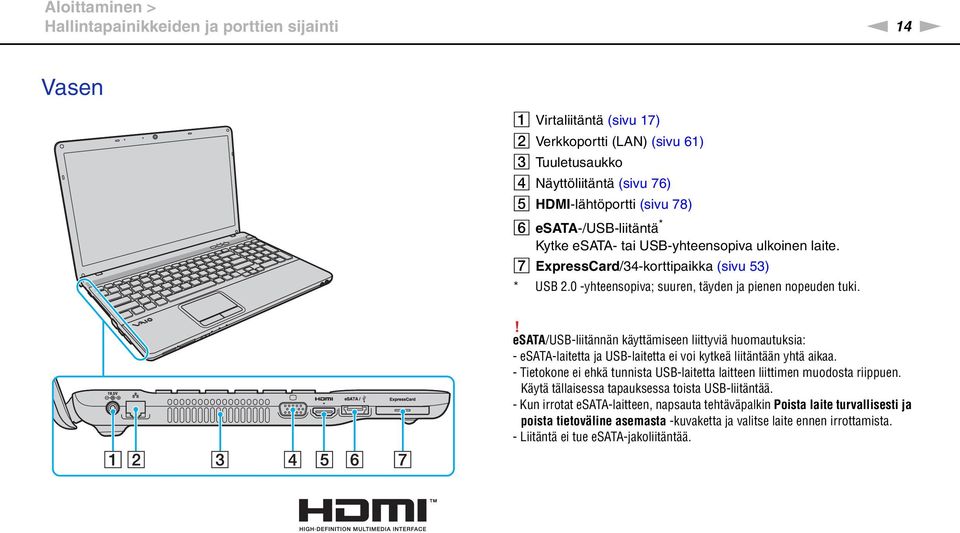 ! esata/usb-liitännän käyttämiseen liittyviä huomautuksia: - esata-laitetta ja USB-laitetta ei voi kytkeä liitäntään yhtä aikaa.