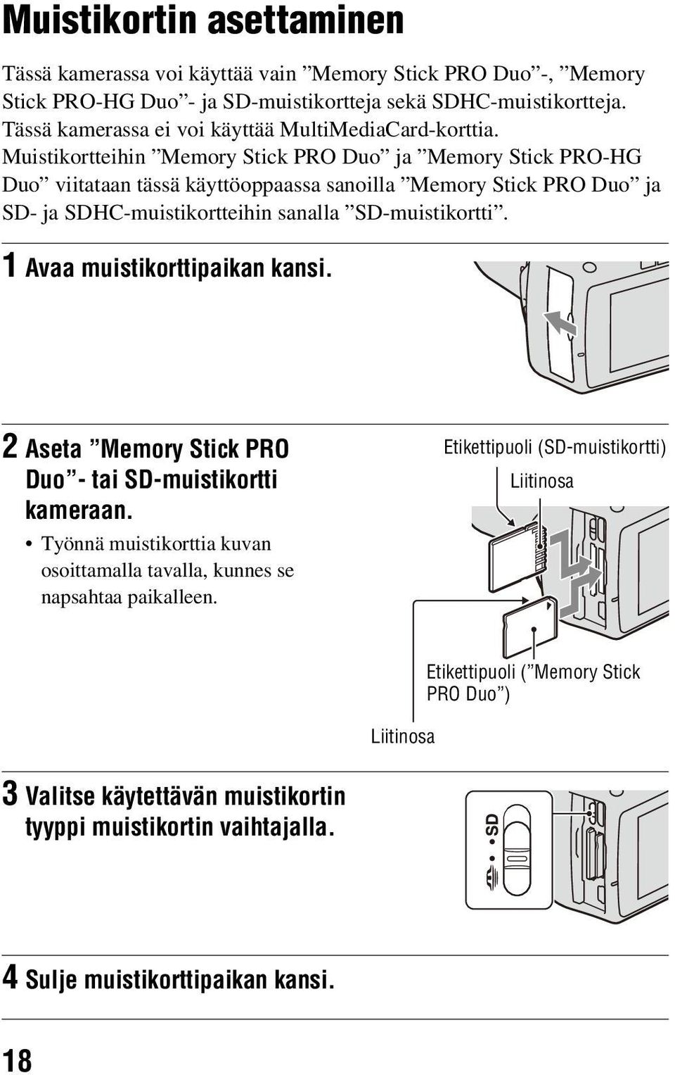 Muistikortteihin Memory Stick PRO Duo ja Memory Stick PRO-HG Duo viitataan tässä käyttöoppaassa sanoilla Memory Stick PRO Duo ja SD- ja SDHC-muistikortteihin sanalla SD-muistikortti.