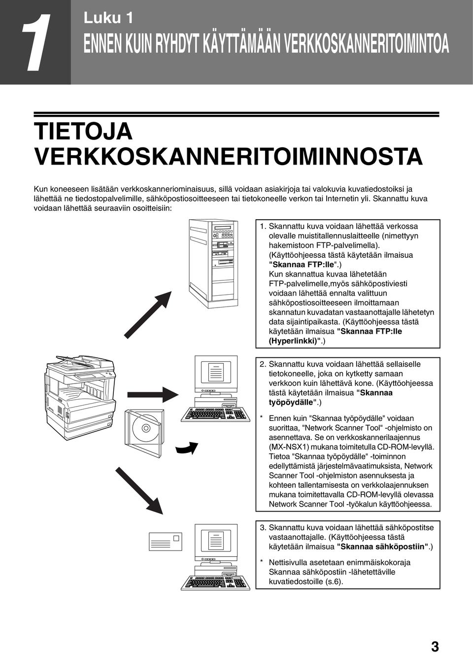 Skannattu kuva voidaan lähettää verkossa olevalle muistitallennuslaitteelle (nimettyyn hakemistoon FTP-palvelimella). (Käyttöohjeessa tästä käytetään ilmaisua "Skannaa FTP:lle".