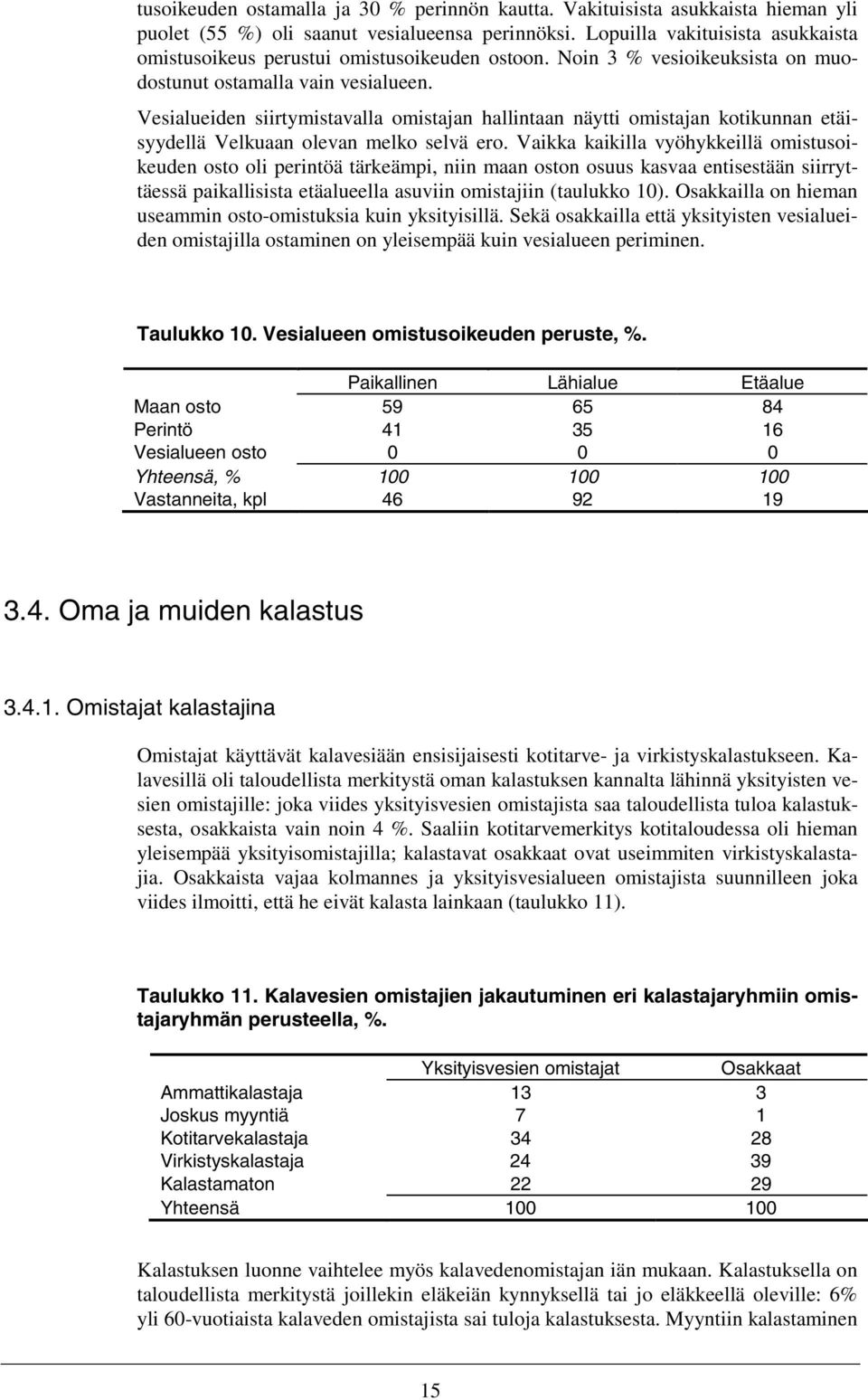 Vesialueiden siirtymistavalla omistajan hallintaan näytti omistajan kotikunnan etäisyydellä Velkuaan olevan melko selvä ero.