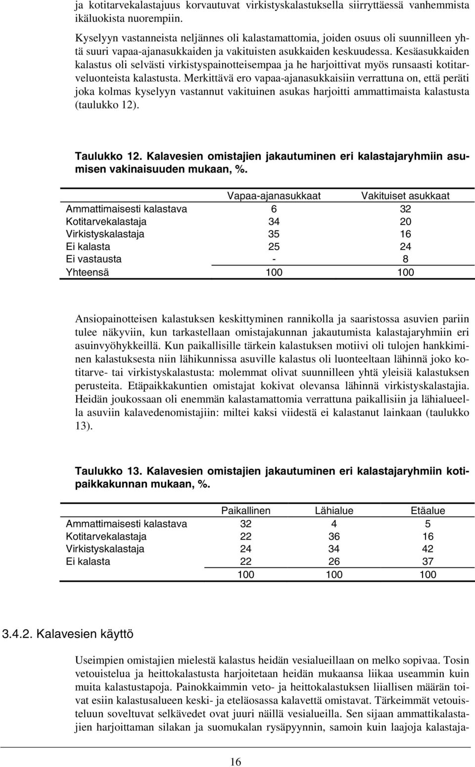 Kesäasukkaiden kalastus oli selvästi virkistyspainotteisempaa ja he harjoittivat myös runsaasti kotitarveluonteista kalastusta.