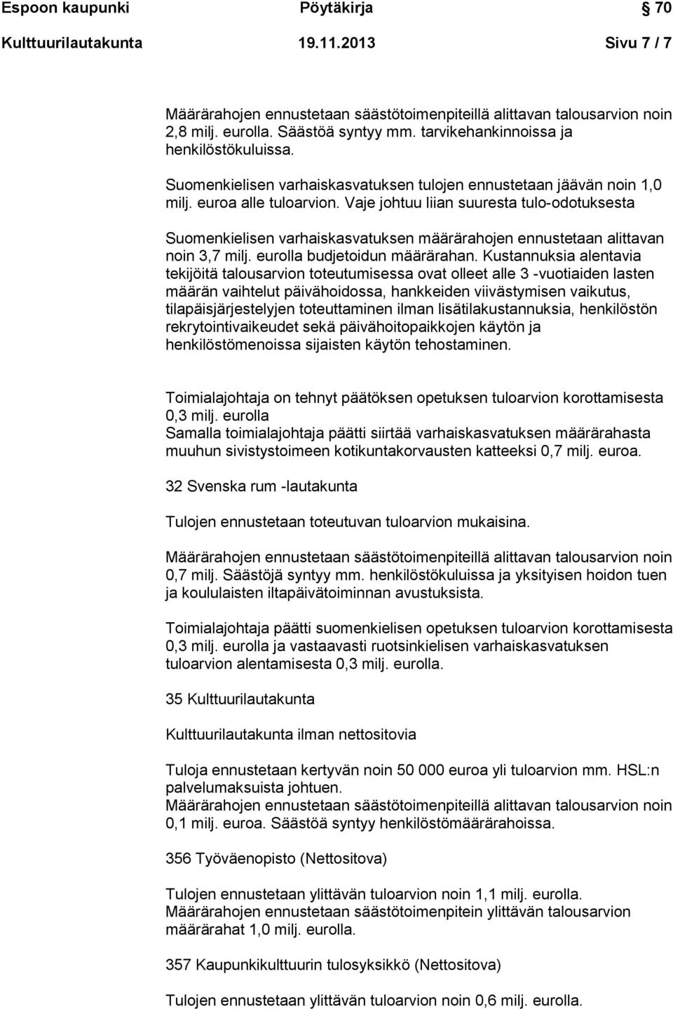 Vaje johtuu liian suuresta tulo-odotuksesta Suomenkielisen varhaiskasvatuksen määrärahojen ennustetaan alittavan noin 3,7 milj. eurolla budjetoidun määrärahan.