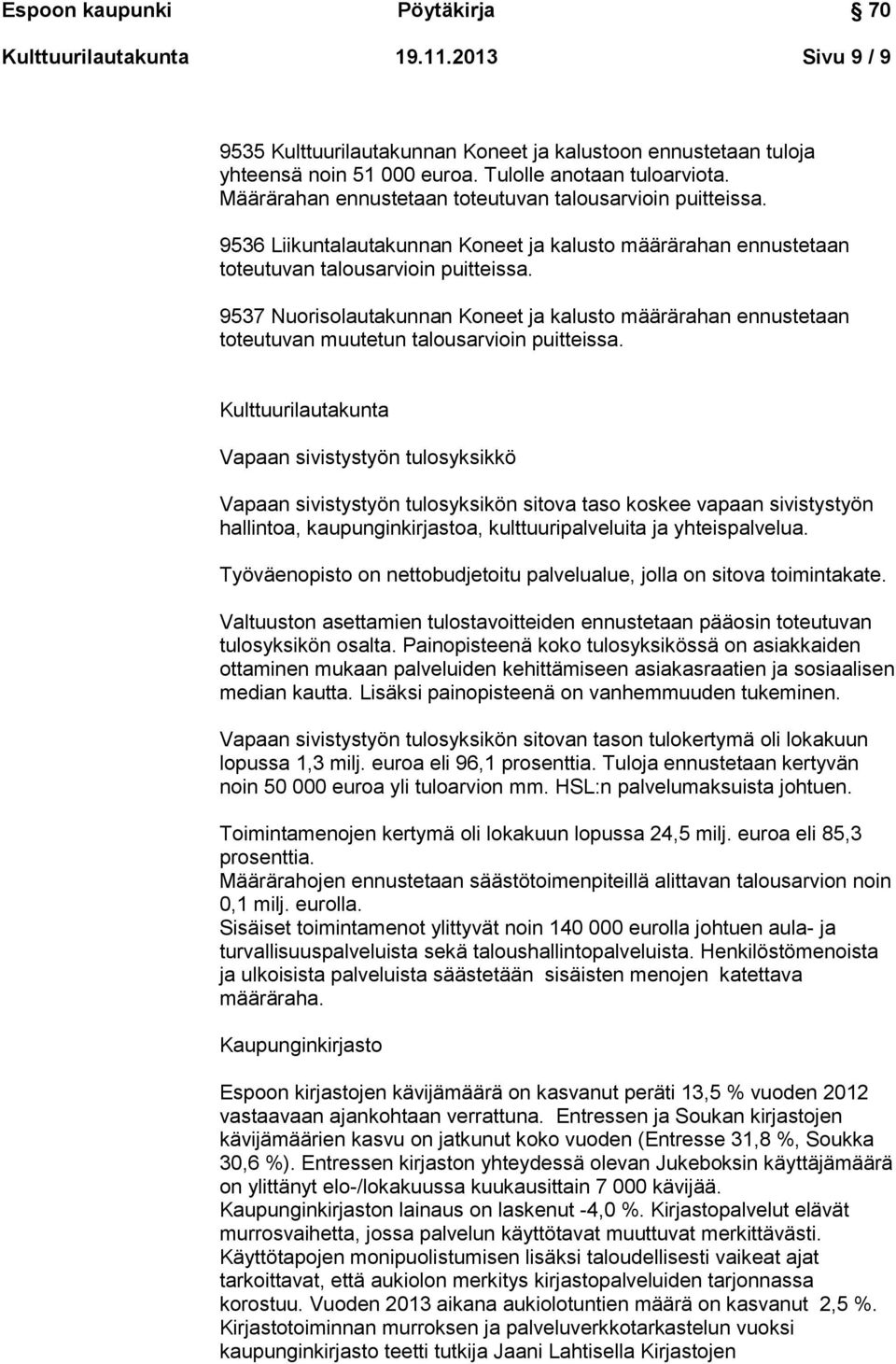 9537 Nuorisolautakunnan Koneet ja kalusto määrärahan ennustetaan toteutuvan muutetun talousarvioin puitteissa.