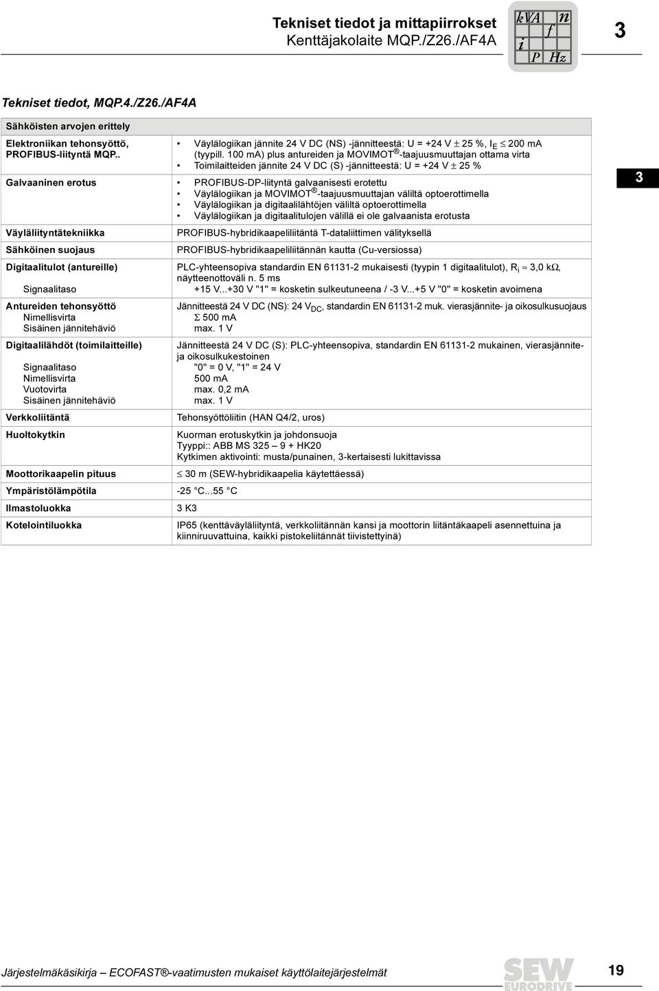 0 ma) plus antureiden ja MOVIMOT -taajuusmuuttajan ottama virta Toimilaitteiden jännite V DC (S) -jännitteestä: U = + V ± 5 % Galvaaninen erotus PROFIBUS-DP-liityntä galvaanisesti erotettu