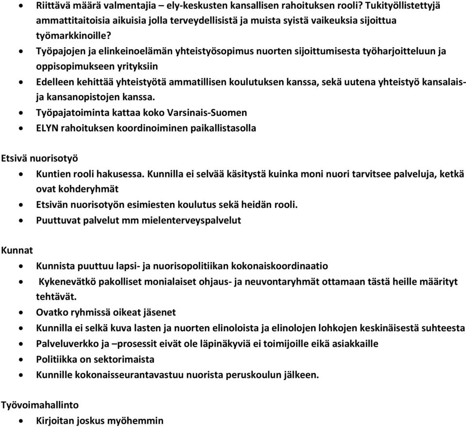 yhteistyö kansalaisja kansanopistojen kanssa. Työpajatoiminta kattaa koko Varsinais-Suomen ELYN rahoituksen koordinoiminen paikallistasolla Etsivä nuorisotyö Kuntien rooli hakusessa.