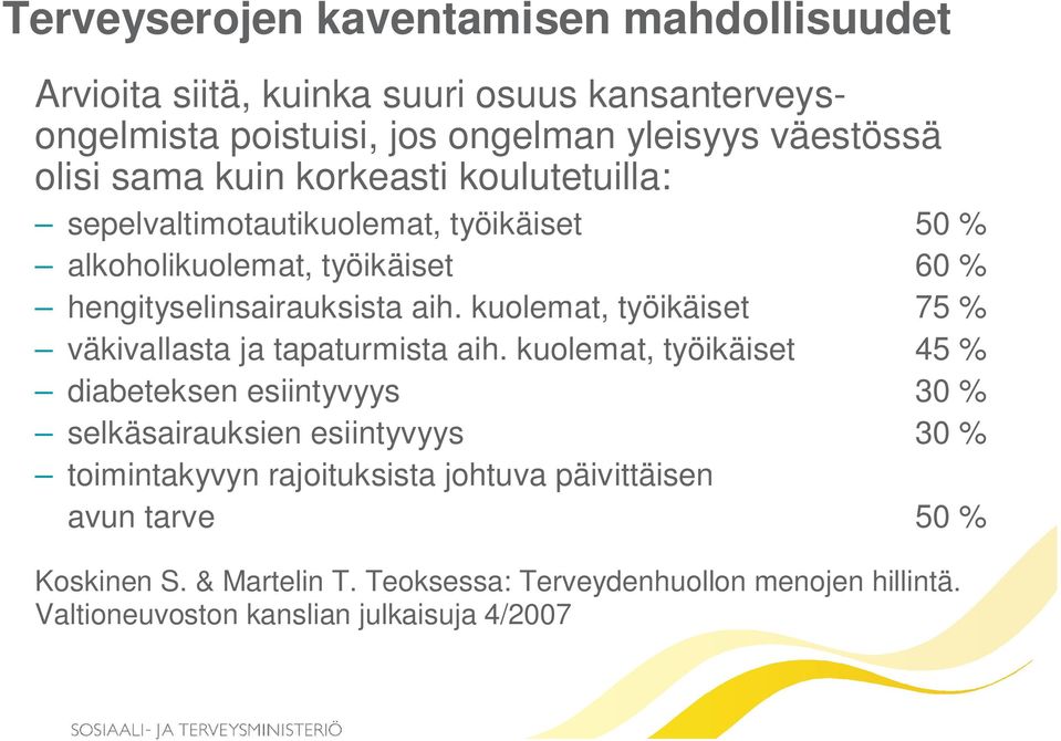 kuolemat, työikäiset 75 % väkivallasta ja tapaturmista aih.