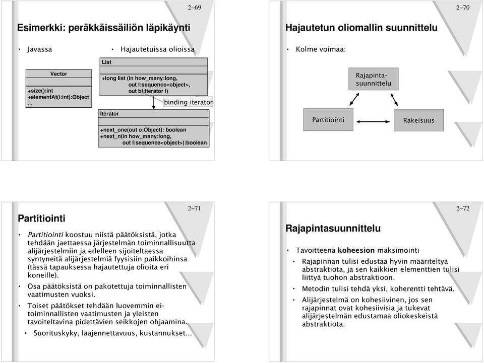 Partitiointi Rajapintasuunnittelu Rakeisuus Partitiointi 2 71 Partitiointi koostuu niistä päätöksistä, jotka tehdään jaettaessa järjestelmän toiminnallisuutta alijärjestelmiin ja edelleen