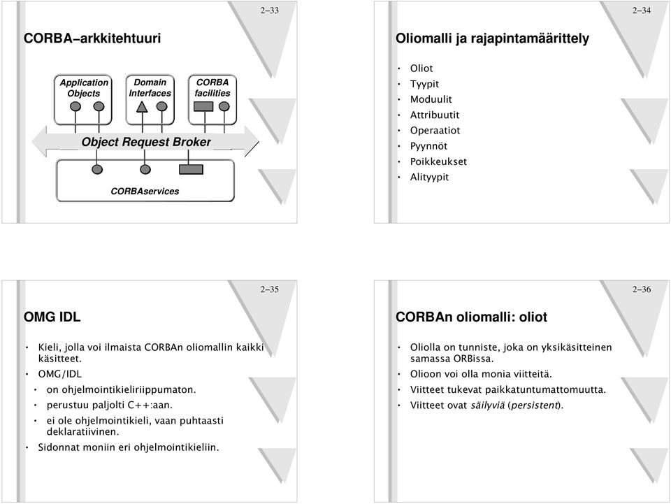 OMG/IDL on ohjelmointikieliriippumaton. perustuu paljolti C++:aan. ei ole ohjelmointikieli, vaan puhtaasti deklaratiivinen. Sidonnat moniin eri ohjelmointikieliin.