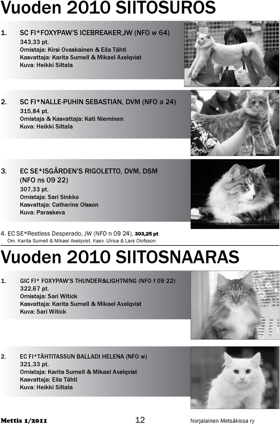 Omistaja: Sari Sinkko Kasvattaja: Catherine Olsson Kuva: Paraskeva 4. EC SE*Restless Desperado, JW (NFO n 09 24), 303,25 pt. Om. Karita Sumell & Mikael Axelqvist, Kasv.