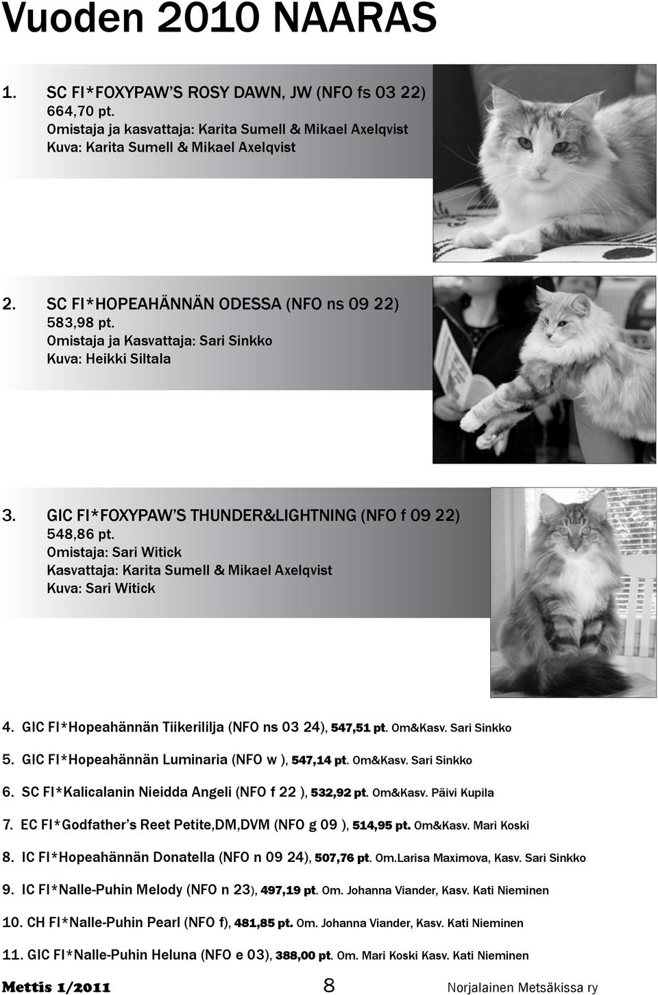 Omistaja: Sari Witick Kasvattaja: Karita Sumell & Mikael Axelqvist Kuva: Sari Witick 4. GIC FI*Hopeahännän Tiikerililja (NFO ns 03 24), 547,51 pt. Om&Kasv. Sari Sinkko 5.