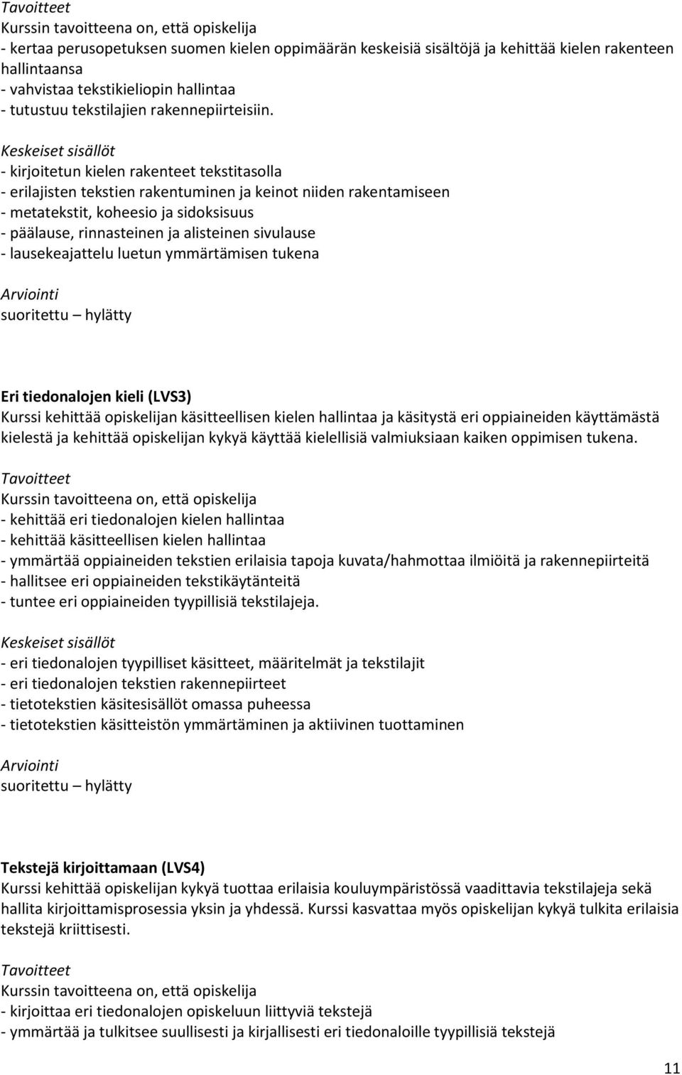 - lausekeajattelu luetun ymmärtämisen tukena Eri tiedonalojen kieli (LVS3) Kurssi kehittää opiskelijan käsitteellisen kielen hallintaa ja käsitystä eri oppiaineiden käyttämästä kielestä ja kehittää