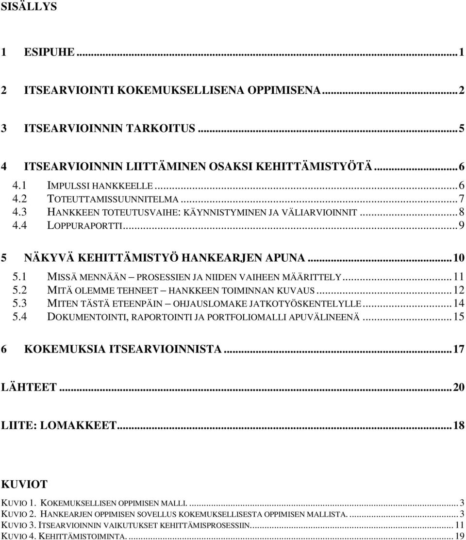 2 MITÄ OLEMME TEHNEET HANKKEEN TOIMINNAN KUVAUS...12 5.3 MITEN TÄSTÄ ETEENPÄIN OHJAUSLOMAKE JATKOTYÖSKENTELYLLE...14 5.4 DOKUMENTOINTI, RAPORTOINTI JA PORTFOLIOMALLI APUVÄLINEENÄ.