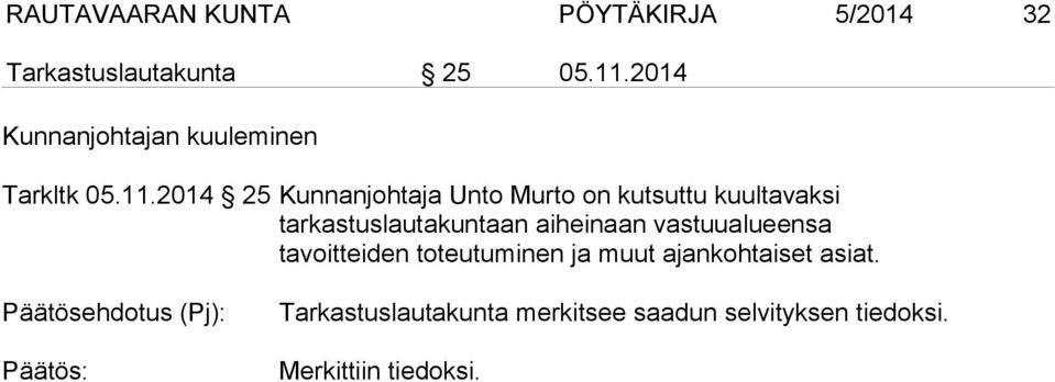 2014 25 Kunnanjohtaja Unto Murto on kutsuttu kuultavaksi tarkastuslautakuntaan