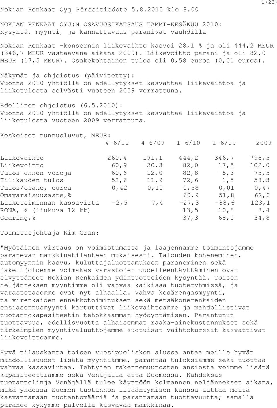 vastaavana aikana 2009). Liikevoitto parani ja oli 82,0 MEUR (17,5 MEUR). Osakekohtainen tulos oli 0,58 euroa (0,01 euroa).