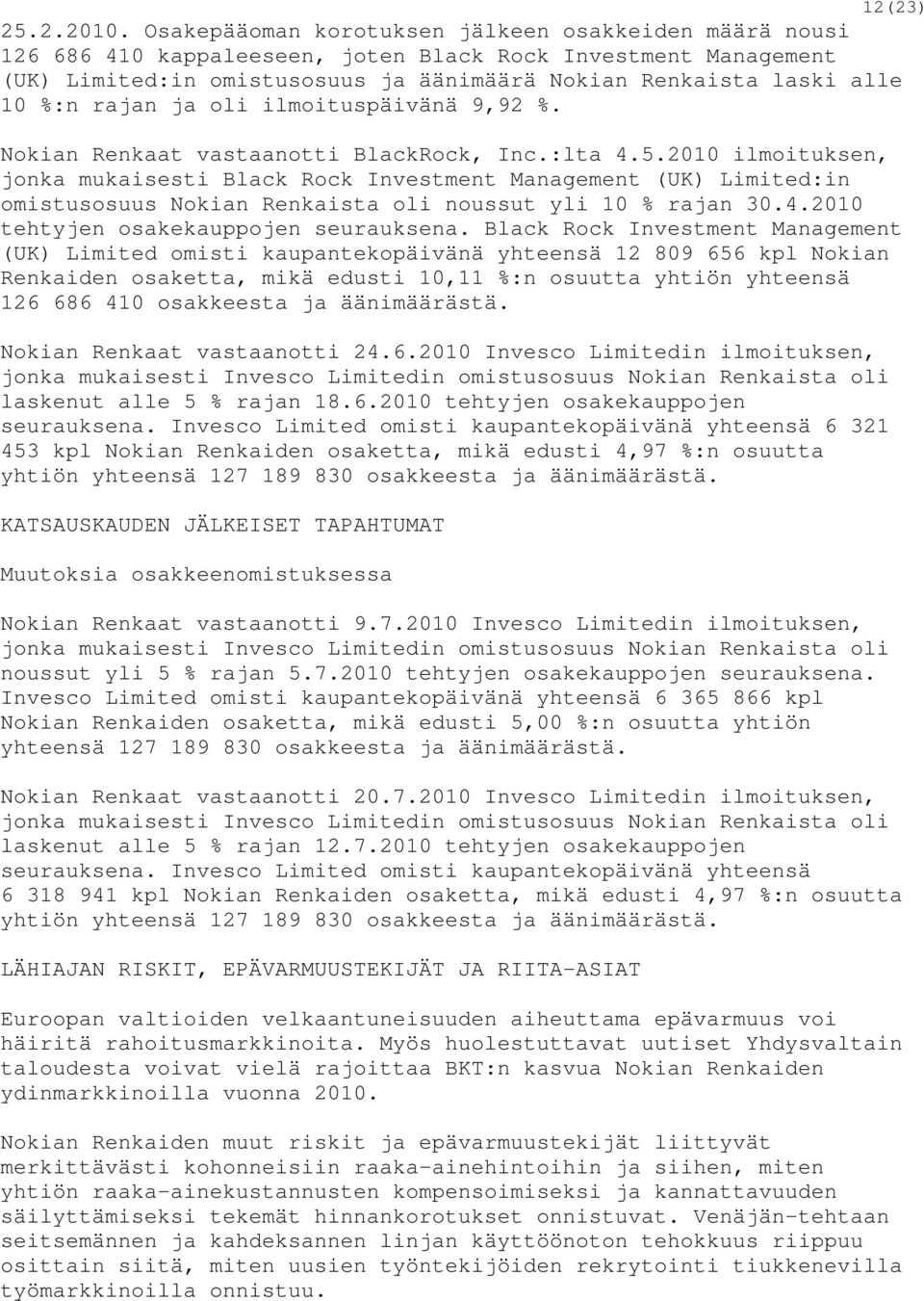 rajan ja oli ilmoituspäivänä 9,92 %. Nokian Renkaat vastaanotti BlackRock, Inc.:lta 4.5.