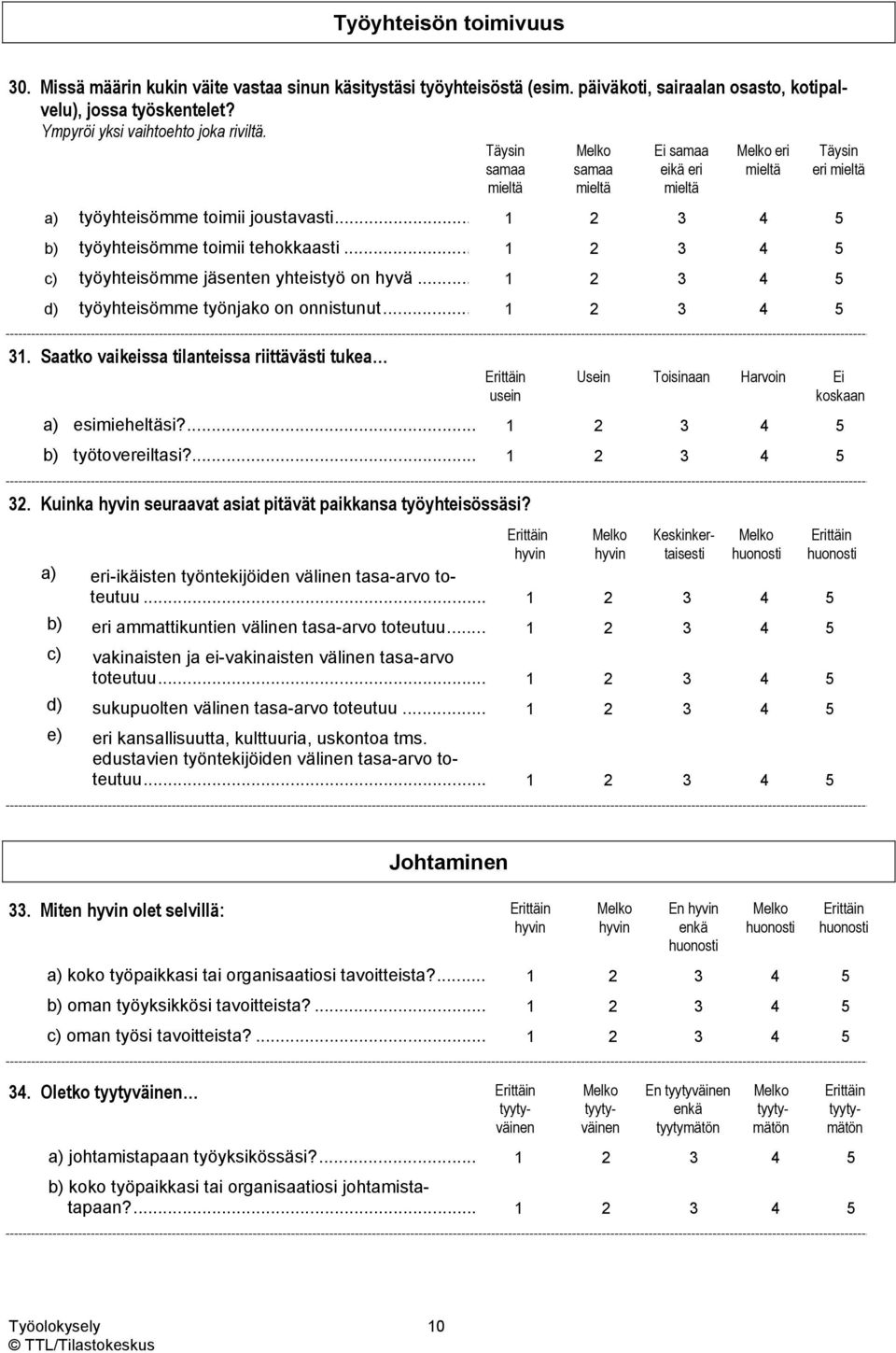 .. 1 2 3 4 5 d) työyhteisömme työnjako on onnistunut... 1 2 3 4 5 31. Saatko vaikeissa tilanteissa riittävästi tukea eri Usein Toisinaan Harvoin Ei koskaan a) esimieheltäsi?