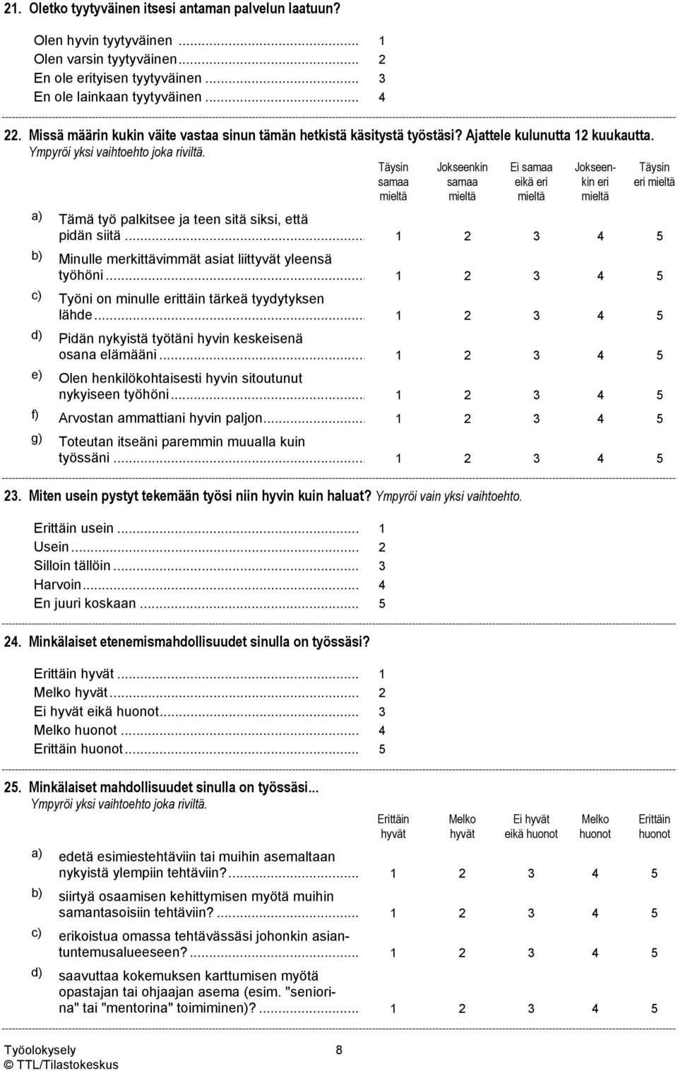 Ei eikä eri eri eri a) Tämä työ palkitsee ja teen sitä siksi, että pidän siitä... 1 2 3 4 5 b) Minulle merkittävimmät asiat liittyvät yleensä työhöni.