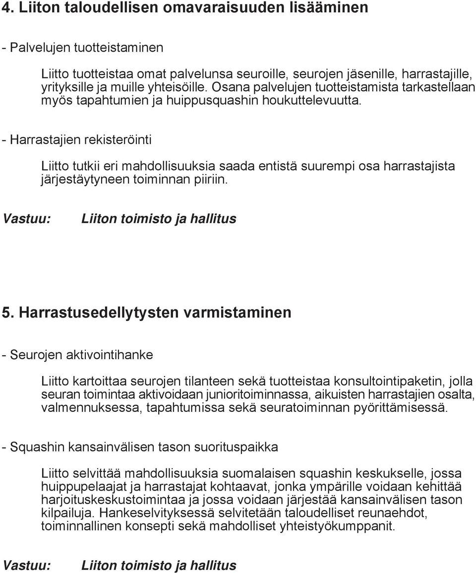 - Harrastajien rekisteröinti Liitto tutkii eri mahdollisuuksia saada entistä suurempi osa harrastajista järjestäytyneen toiminnan piiriin. Liiton toimisto ja hallitus 5.