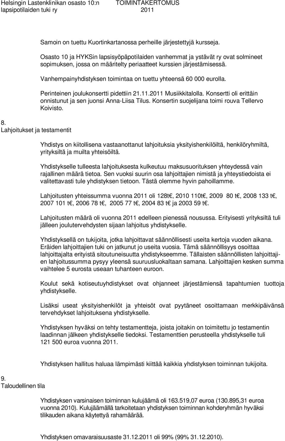 Vanhempainyhdistyksen toimintaa on tuettu yhteensä 60 000 eurolla. Perinteinen joulukonsertti pidettiin 21.11.2011 Musiikkitalolla. Konsertti oli erittäin onnistunut ja sen juonsi Anna-Liisa Tilus.