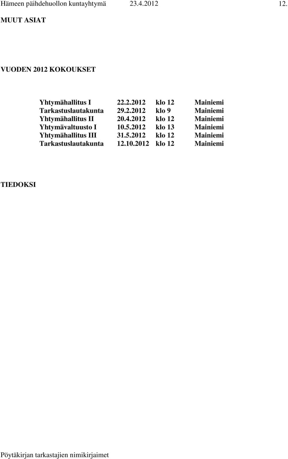 2012 klo 12 Mainiemi Yhtymävaltuusto I 10.5.