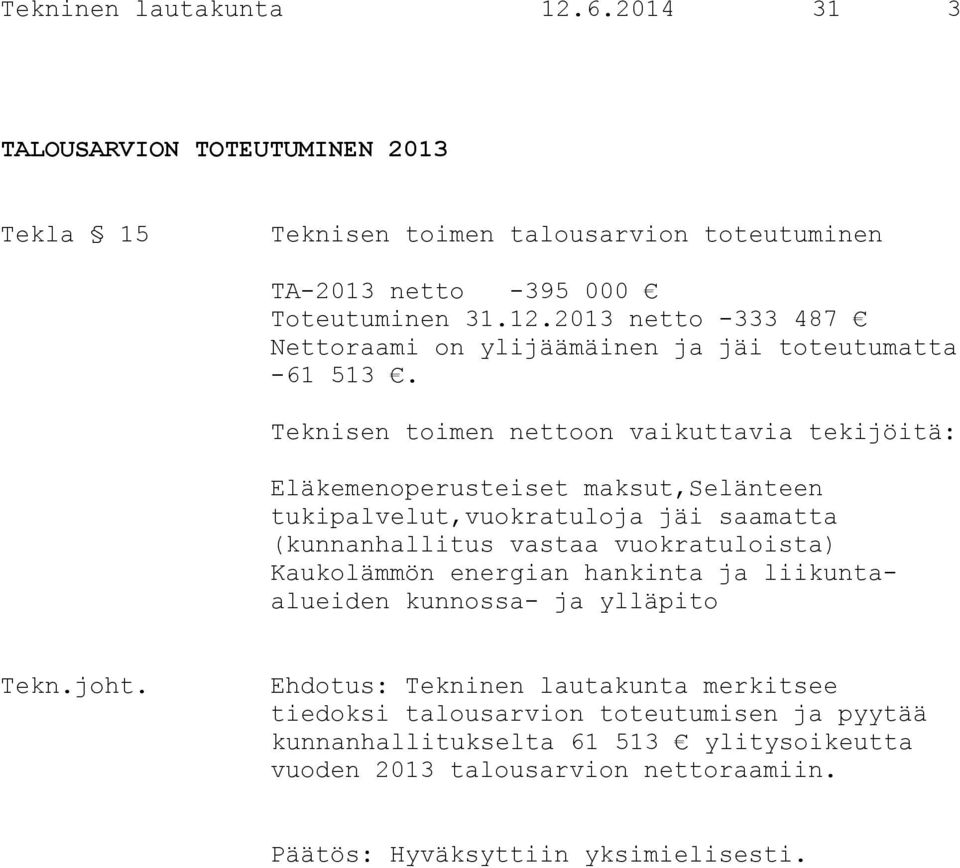 vuokratuloista) Kaukolämmön energian hankinta ja liikuntaalueiden kunnossa- ja ylläpito Ehdotus: Tekninen lautakunta merkitsee tiedoksi talousarvion