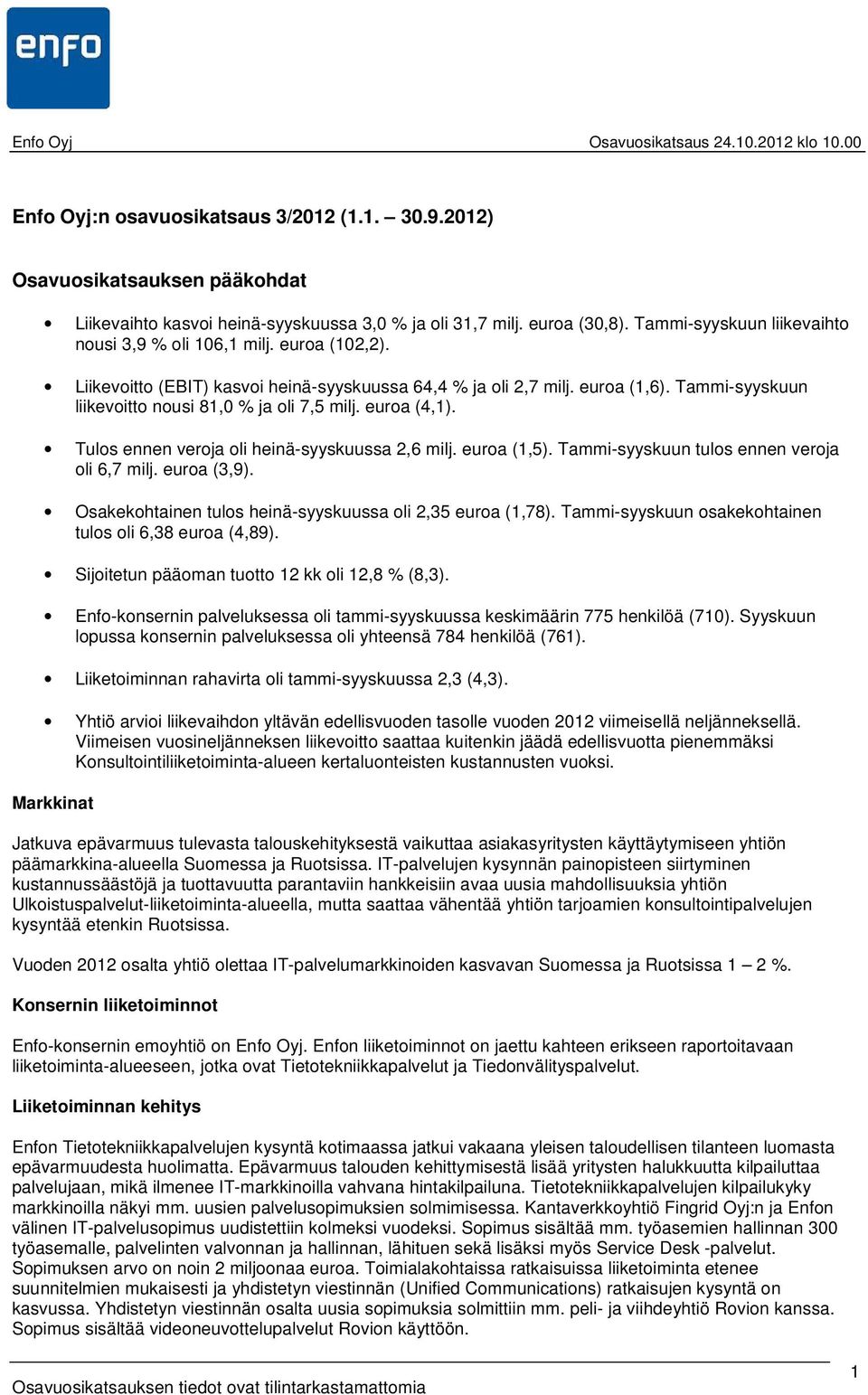 Tammi-syyskuun liikevoitto nousi 81,0 % ja oli 7,5 milj. euroa (4,1). Tulos ennen veroja oli heinä-syyskuussa 2,6 milj. euroa (1,5). Tammi-syyskuun tulos ennen veroja oli 6,7 milj. euroa (3,9).