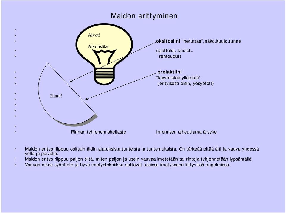 Rinta! Rinnan tyhjenemisheijaste Imemisen aiheuttama ärsyke Maidon eritys riippuu osittain äidin ajatuksista,tunteista ja tuntemuksista.