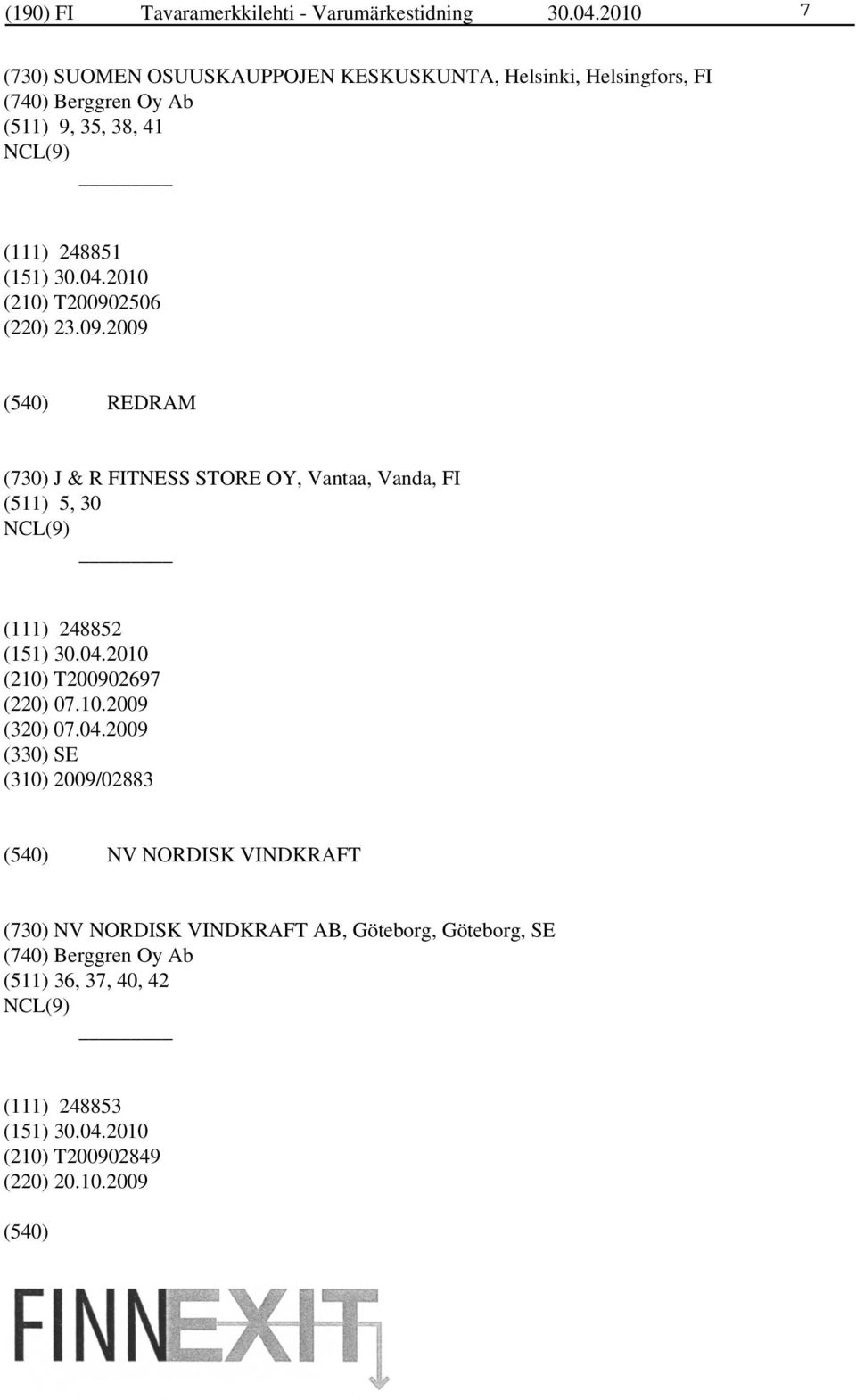 T200902506 (220) 23.09.2009 REDRAM (730) J & R FITNESS STORE OY, Vantaa, Vanda, FI (511) 5, 30 (111) 248852 (210) T200902697 (220) 07.