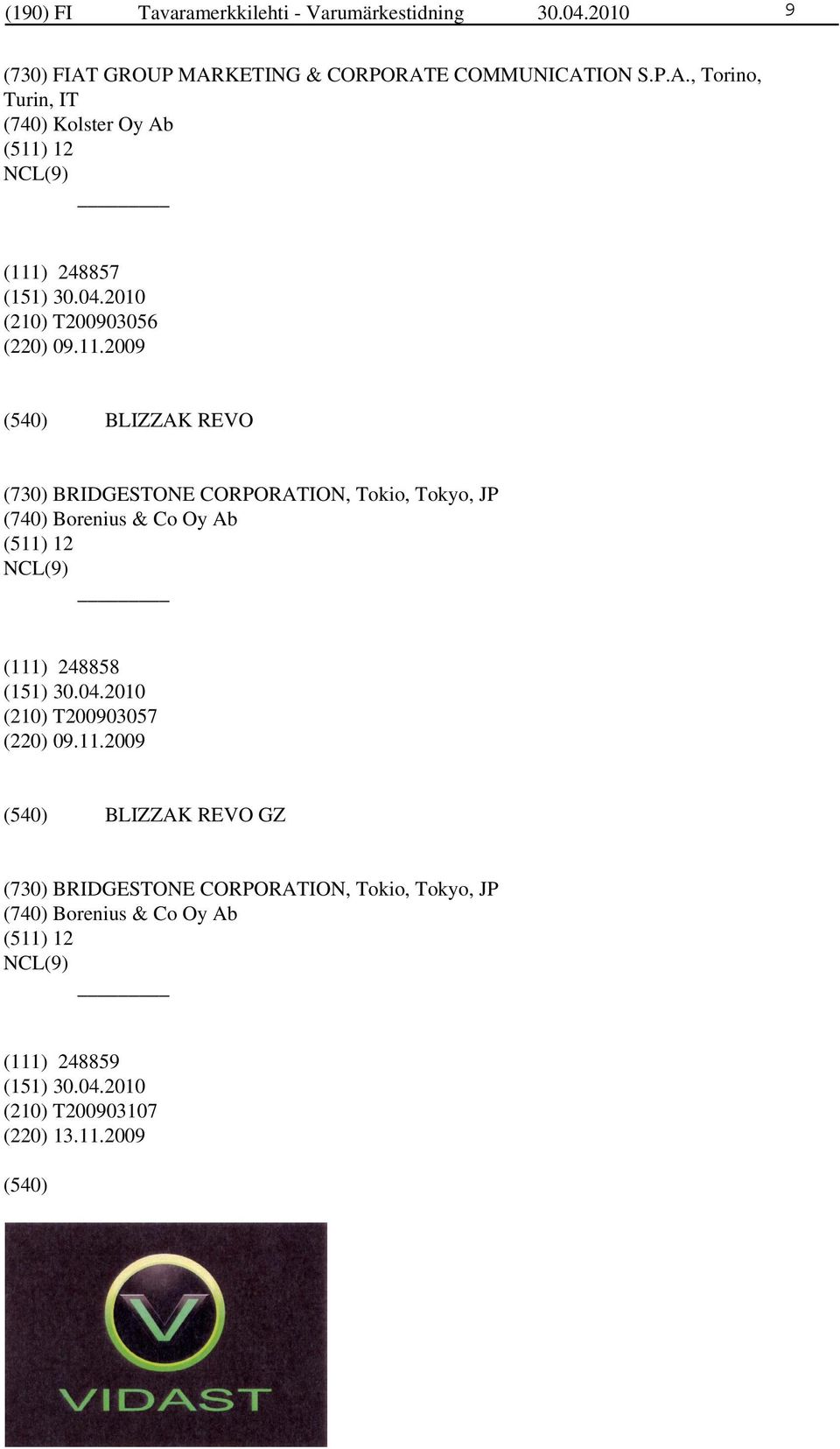 11.2009 BLIZZAK REVO (730) BRIDGESTONE CORPORATION, Tokio, Tokyo, JP (740) Borenius & Co Oy Ab (511) 12 (111) 248858 (210)