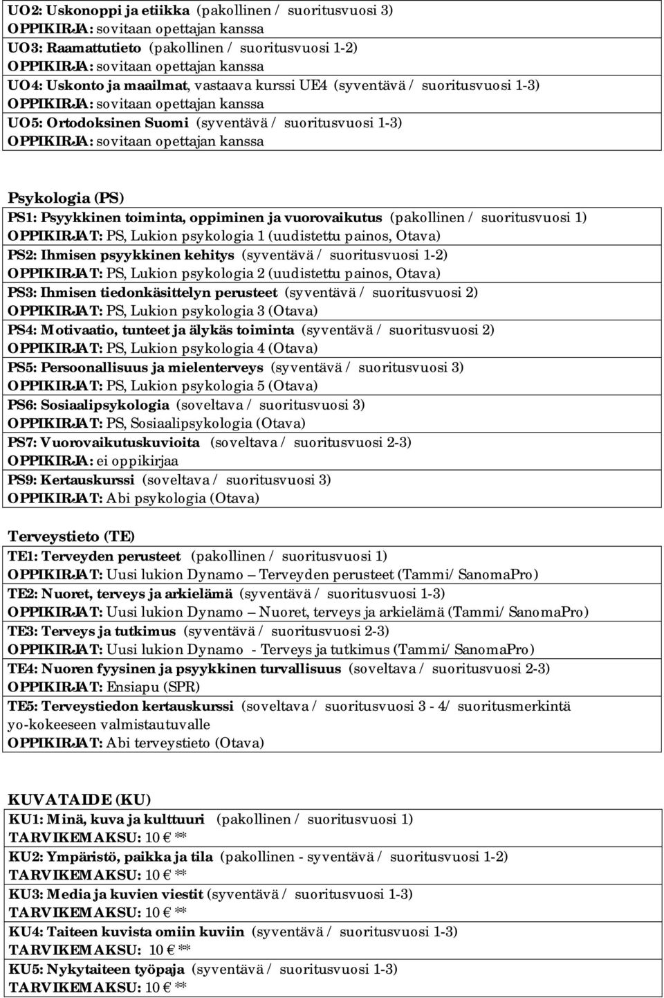 Psykologia (PS) PS1: Psyykkinen toiminta, oppiminen ja vuorovaikutus (pakollinen / suoritusvuosi 1) OPPIKIRJAT: PS, Lukion psykologia 1 (uudistettu painos, Otava) PS2: Ihmisen psyykkinen kehitys