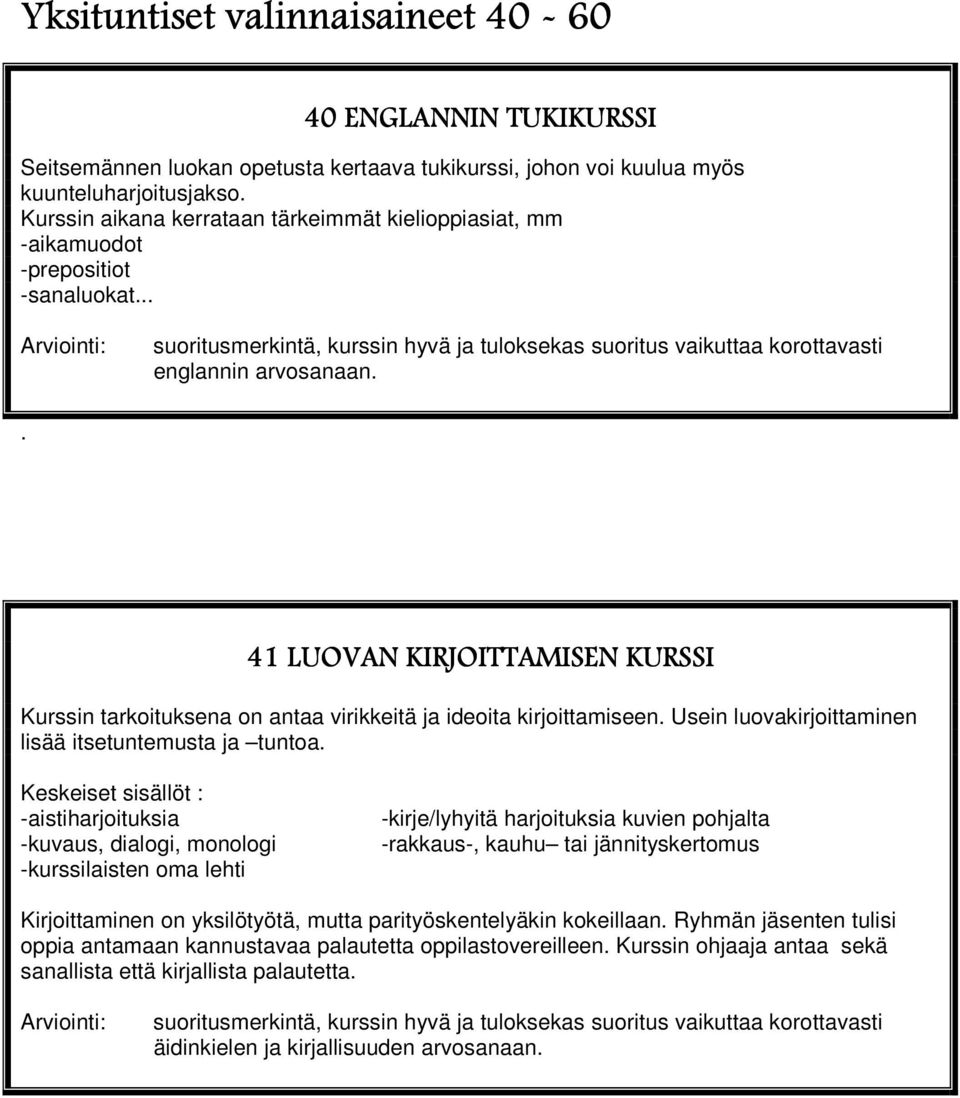 . 41 LUOVAN KIRJOITTAMISEN KURSSI Kurssin tarkoituksena on antaa virikkeitä ja ideoita kirjoittamiseen. Usein luovakirjoittaminen lisää itsetuntemusta ja tuntoa.