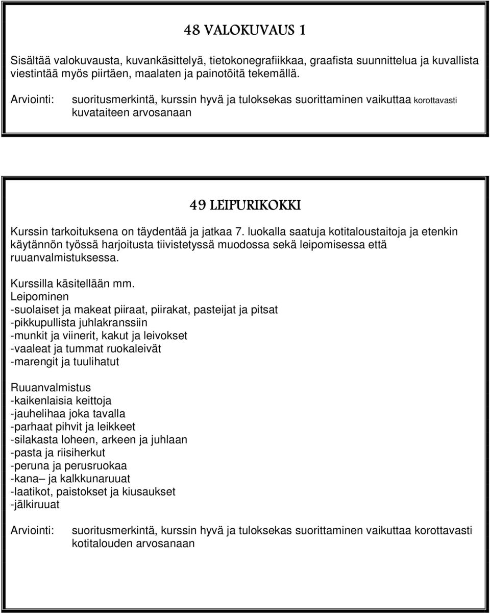 luokalla saatuja kotitaloustaitoja ja etenkin käytännön työssä harjoitusta tiivistetyssä muodossa sekä leipomisessa että ruuanvalmistuksessa. Kurssilla käsitellään mm.