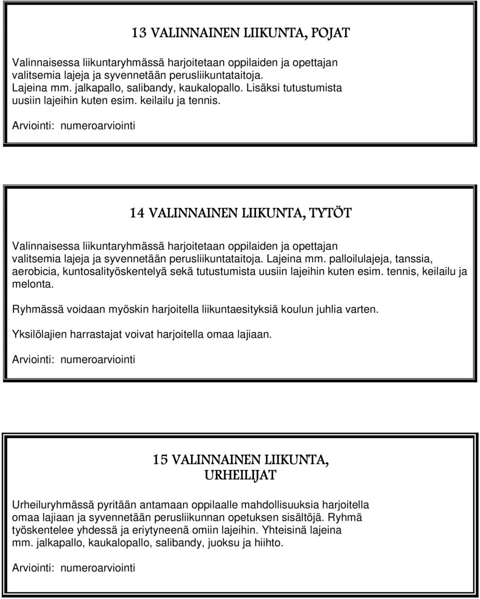 14 VALINNAINEN LIIKUNTA, TYTÖT Valinnaisessa liikuntaryhmässä harjoitetaan oppilaiden ja opettajan valitsemia lajeja ja syvennetään perusliikuntataitoja. Lajeina mm.