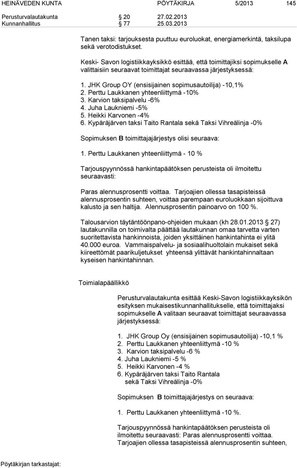 Perttu Laukkanen yhteenliittymä -10% 3. Karvion taksipalvelu -6% 4. Juha Laukniemi -5% 5. Heikki Karvonen -4% 6.