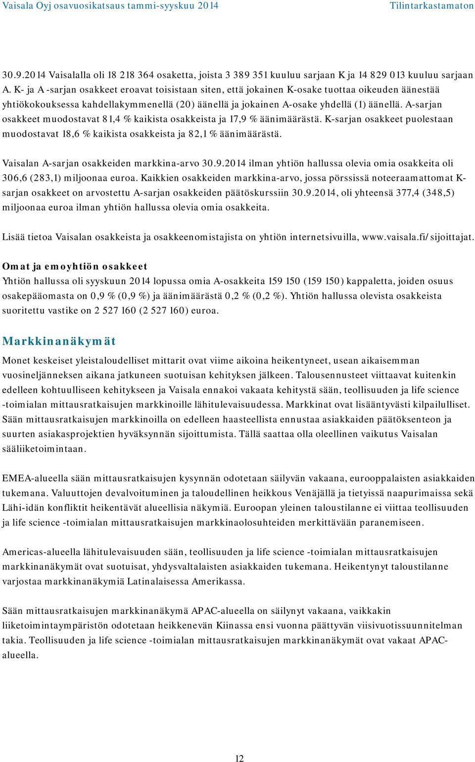 A-sarjan osakkeet muodostavat 81,4 % kaikista osakkeista ja 17,9 % äänimäärästä. K-sarjan osakkeet puolestaan muodostavat 18,6 % kaikista osakkeista ja 82,1 % äänimäärästä.