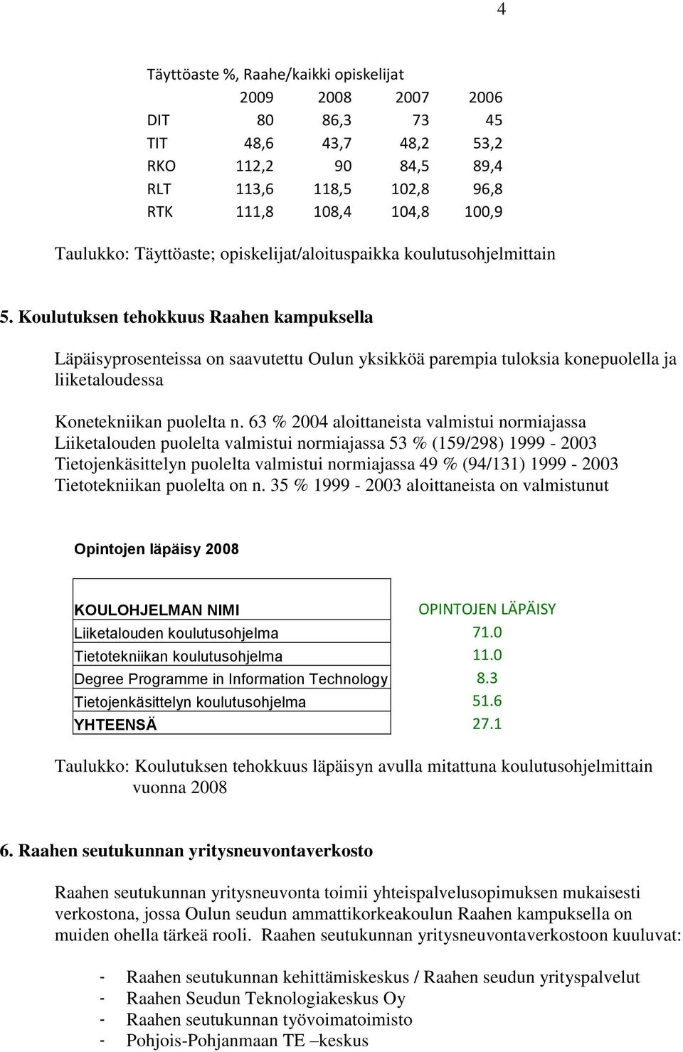 Koulutuksen tehokkuus Raahen kampuksella Läpäisyprosenteissa on saavutettu Oulun yksikköä parempia tuloksia konepuolella ja liiketaloudessa Konetekniikan puolelta n.