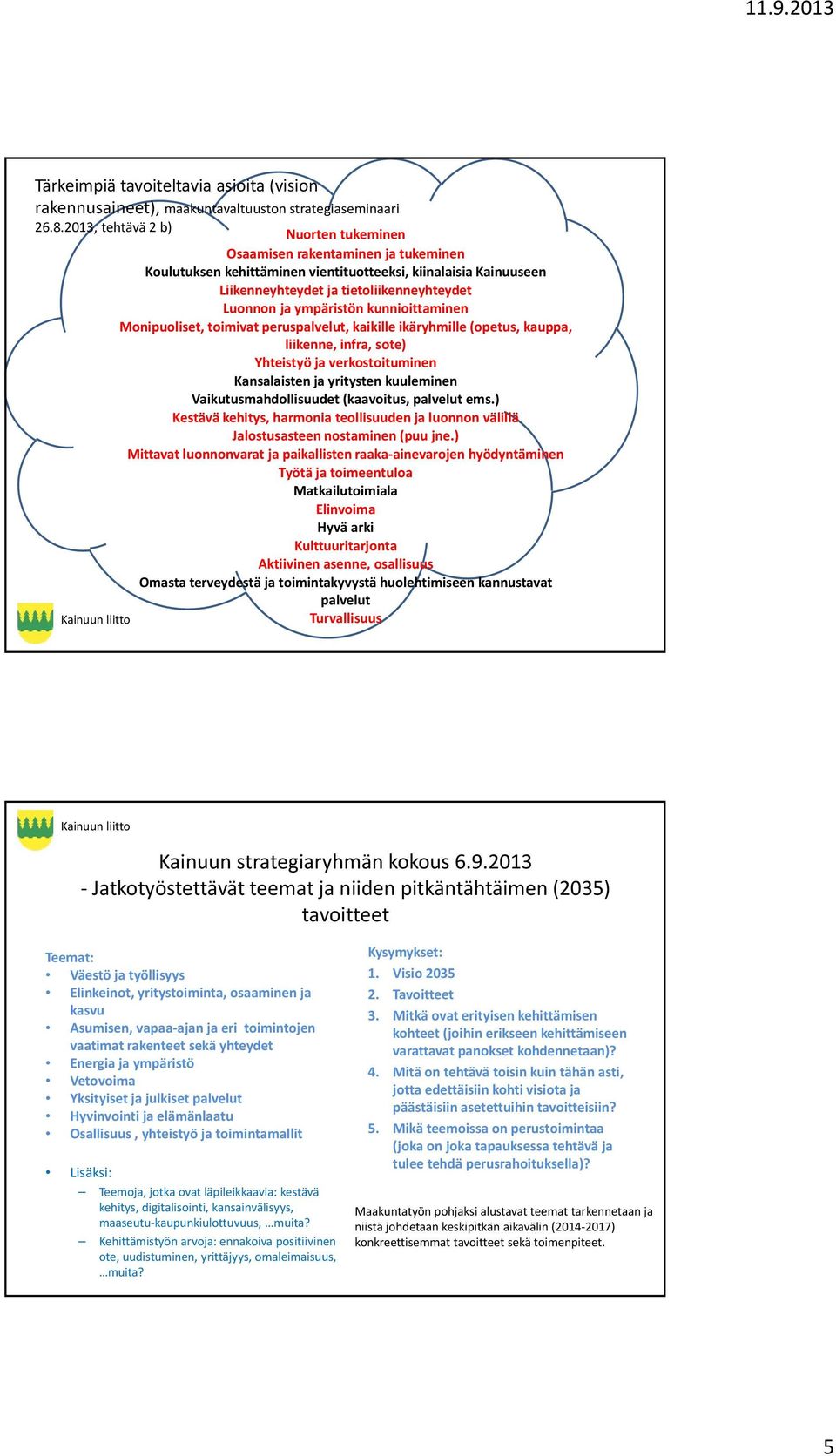 ympäristön kunnioittaminen Monipuoliset, toimivat peruspalvelut, kaikille ikäryhmille (opetus, kauppa, liikenne, infra, sote) Yhteistyö ja verkostoituminen Kansalaisten ja yritysten kuuleminen