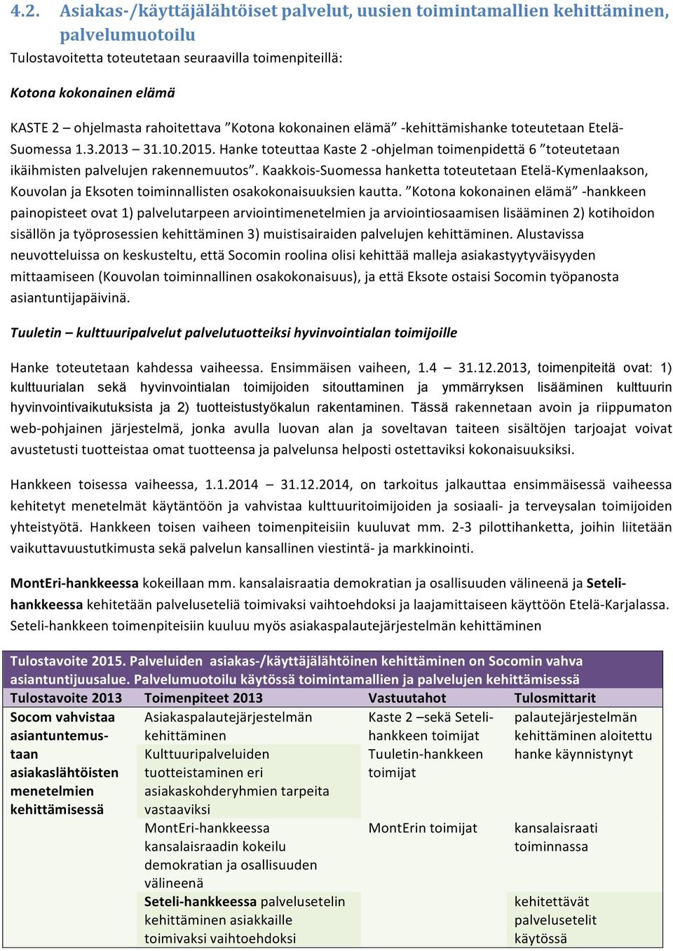 Kaakkois- Suomessa hanketta toteutetaan Etelä- Kymenlaakson, Kouvolan ja Eksoten toiminnallisten osakokonaisuuksien kautta.